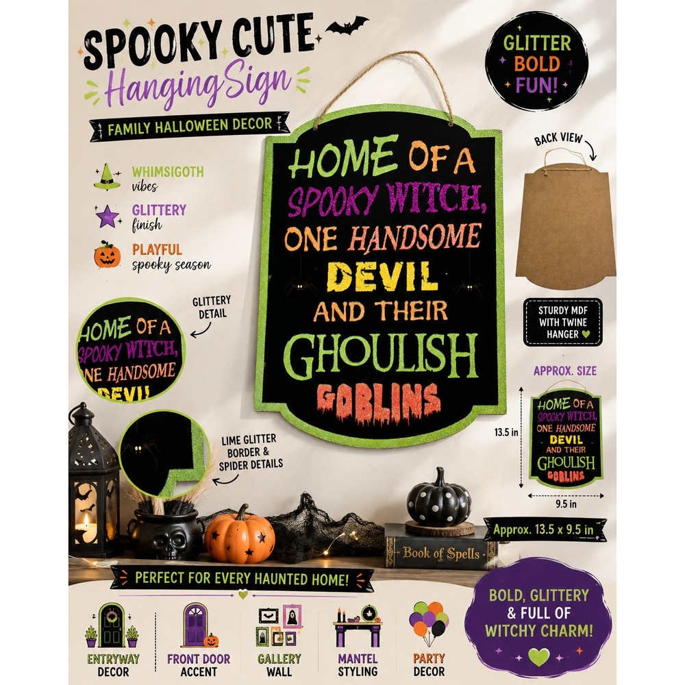 Halloween Spooky Witch Handsome Devil Ghoulish Goblins Glitter Wall Sign Decor